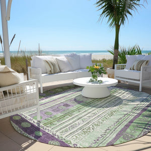 HomeRoots 5' Striped Purple and Green Indoor Outdoor Area Rug - Durable, Washable, Perfect for High-Traffic Spaces 8' Round 627364
