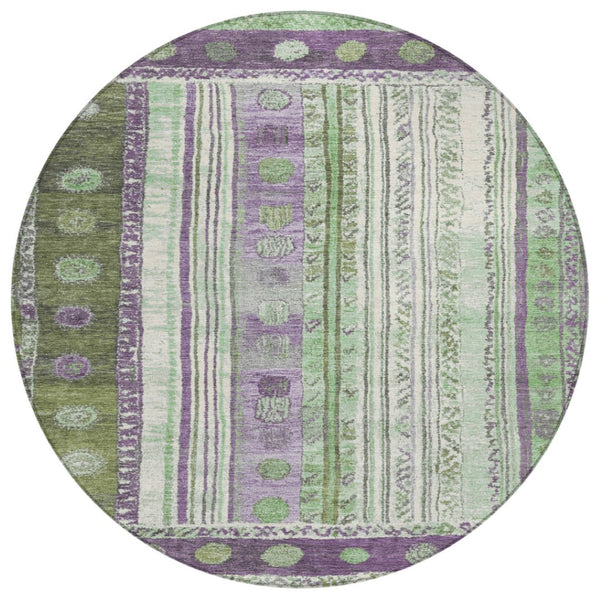 HomeRoots 5' Striped Purple and Green Indoor Outdoor Area Rug - Durable, Washable, Perfect for High-Traffic Spaces 8' Round 627364