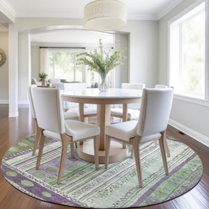 HomeRoots 5' Striped Purple and Green Indoor Outdoor Area Rug - Durable, Washable, Perfect for High-Traffic Spaces 8' Round 627364