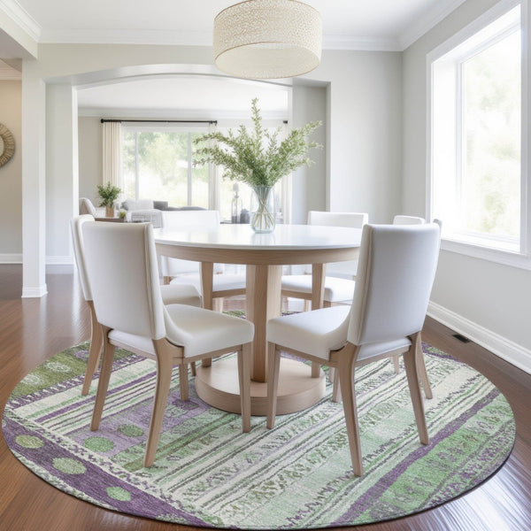 HomeRoots 5' Striped Purple and Green Indoor Outdoor Area Rug - Durable, Washable, Perfect for High-Traffic Spaces 8' Round 627364