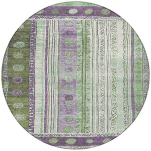 HomeRoots 5' Striped Purple and Green Indoor Outdoor Area Rug - Durable, Washable, Perfect for High-Traffic Spaces 8' Round 627364