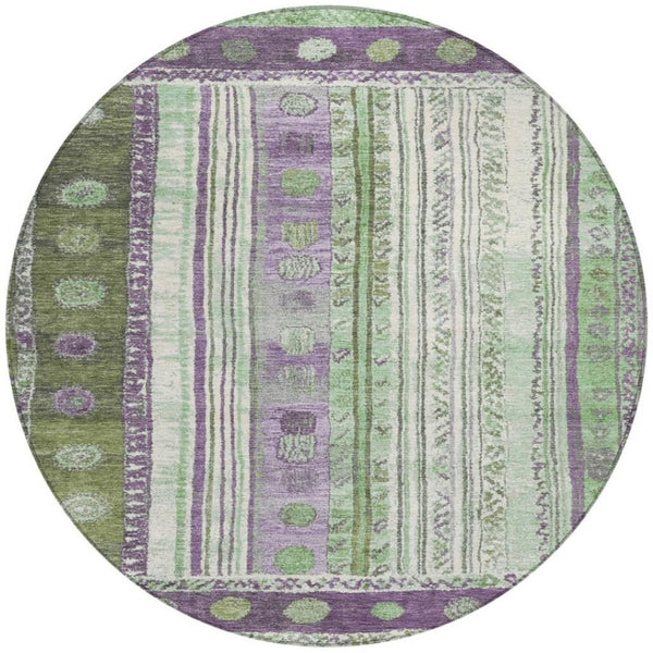 HomeRoots 5' Striped Purple and Green Indoor Outdoor Area Rug - Durable, Washable, Perfect for High-Traffic Spaces 8' Round 627364