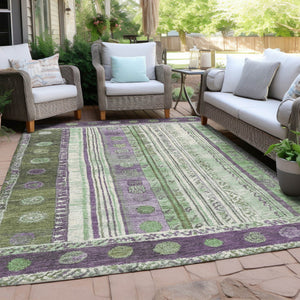 HomeRoots 5' Striped Purple and Green Indoor Outdoor Area Rug - Durable, Washable, Perfect for High-Traffic Spaces 9' X 12' 627366