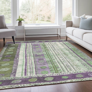 HomeRoots 5' Striped Purple and Green Indoor Outdoor Area Rug - Durable, Washable, Perfect for High-Traffic Spaces 9' X 12' 627366