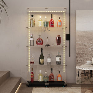 English Elm Tempered Glass Display Cabinet With Bluetooth Led Lighting, Swivel Casters, Versatile Storage Solutions W3155S00003-GIGA