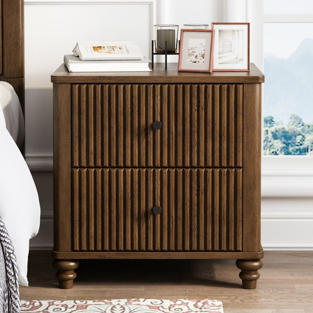 English Elm Fluted Oak Finish Nightstand with Three Drawers Mid Century Modern Bedroom Side Table Walnut W1716P298926