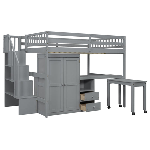 English Elm Queen Murphy Bed with Integrated Desk Cabinet Shelves Space Saving Studio Solution Gray N708S00014E