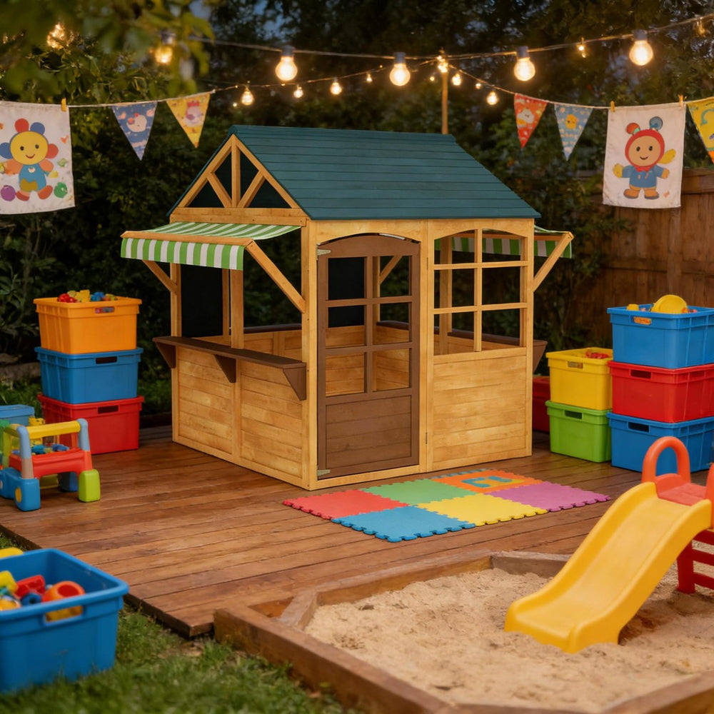 English Elm Kids Solid Fir Wood Outdoor Playhouse with Blackboards Windows and Waterproof Eave Cover T3971P442763