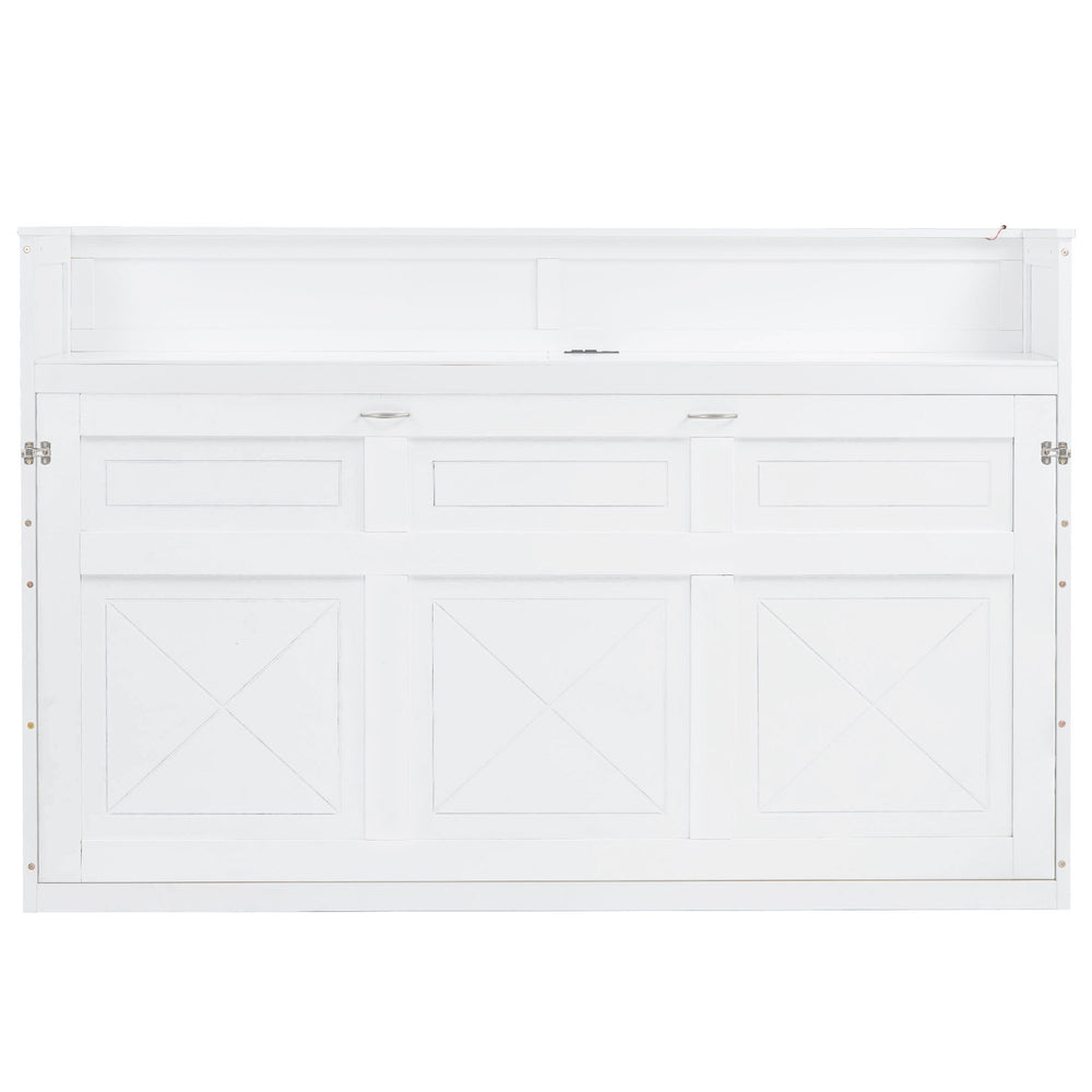 English Elm Twin XL Murphy Bed with Desk, LED Lighting and USB Charging Station — Space-Saving Solid Pine Design White N7090005001W