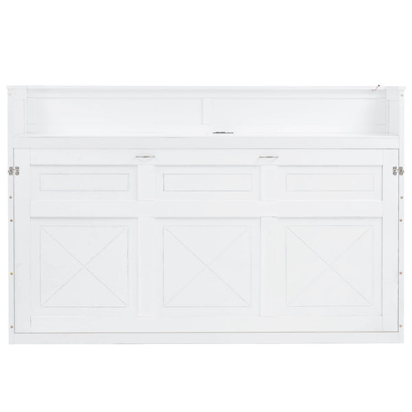 English Elm Twin XL Murphy Bed with Desk, LED Lighting and USB Charging Station — Space-Saving Solid Pine Design White N7090005001W