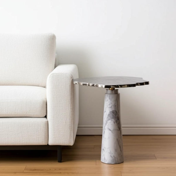 HomeRoots 22" Striking Silver and White Aluminum Marble Pedestal End Table – Modern Art Accent for Any Space 627514