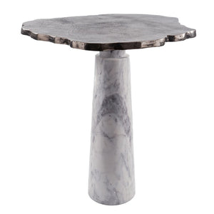 HomeRoots 22" Striking Silver and White Aluminum Marble Pedestal End Table – Modern Art Accent for Any Space 627514