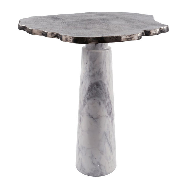 HomeRoots 22" Striking Silver and White Aluminum Marble Pedestal End Table – Modern Art Accent for Any Space 627514