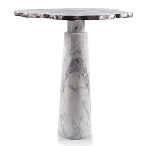 HomeRoots 22" Striking Silver and White Aluminum Marble Pedestal End Table – Modern Art Accent for Any Space 627514