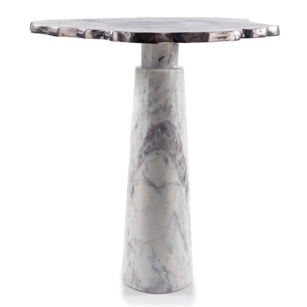 HomeRoots 22" Striking Silver and White Aluminum Marble Pedestal End Table – Modern Art Accent for Any Space 627514