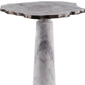 HomeRoots 22" Striking Silver and White Aluminum Marble Pedestal End Table – Modern Art Accent for Any Space 627514