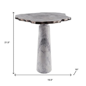 HomeRoots 22" Striking Silver and White Aluminum Marble Pedestal End Table – Modern Art Accent for Any Space 627514
