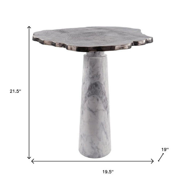 HomeRoots 22" Striking Silver and White Aluminum Marble Pedestal End Table – Modern Art Accent for Any Space 627514