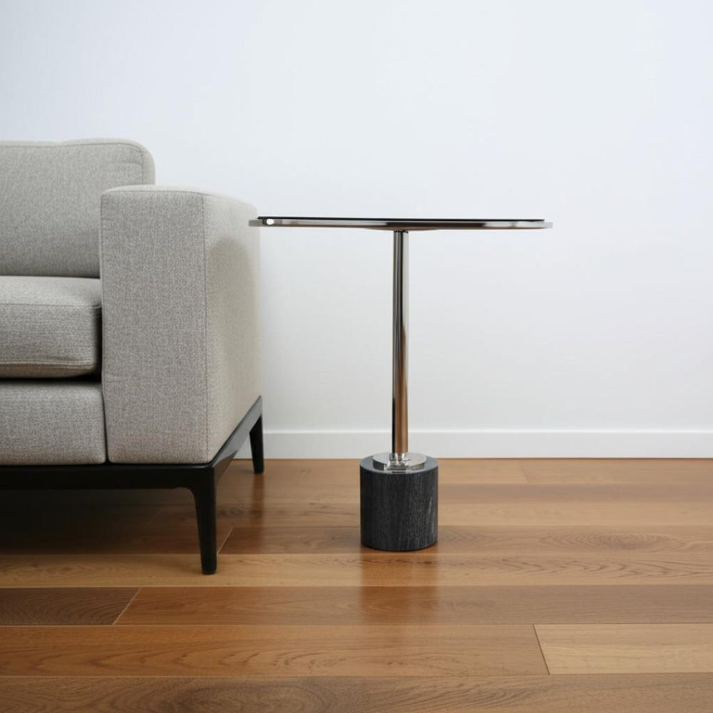 HomeRoots 22" Smoky Black Glass and Silver Aluminum Pedestal End Table with Marble Accent for Modern Living 627516