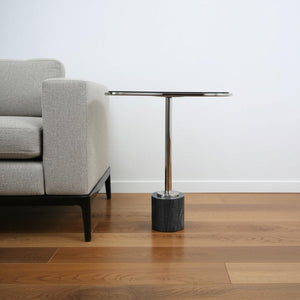 HomeRoots 22" Smoky Black Glass and Silver Aluminum Pedestal End Table with Marble Accent for Modern Living 627516