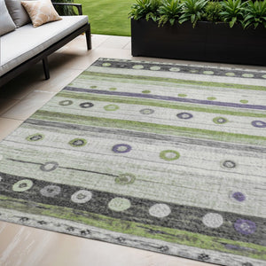 HomeRoots 5' Artichoke Green, Purple & Ivory Striped Area Rug - Durable, Washable, Stylish for Indoor & Outdoor Use 5' X 8' 627534