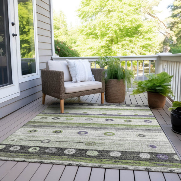 HomeRoots 5' Artichoke Green, Purple & Ivory Striped Area Rug - Durable, Washable, Stylish for Indoor & Outdoor Use 5' X 8' 627534