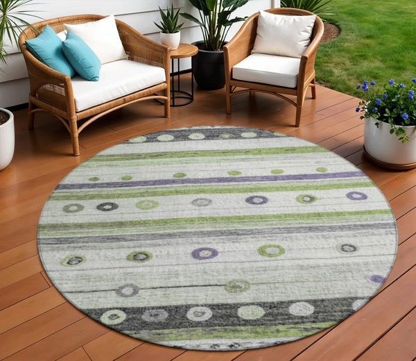 HomeRoots 5' Artichoke Green, Purple & Ivory Striped Area Rug - Durable, Washable, Stylish for Indoor & Outdoor Use 8' Round 627535