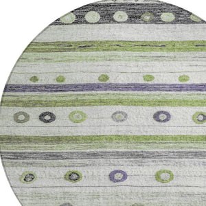 HomeRoots 5' Artichoke Green, Purple & Ivory Striped Area Rug - Durable, Washable, Stylish for Indoor & Outdoor Use 8' Round 627535