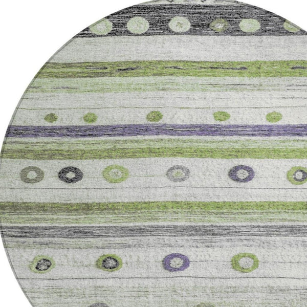 HomeRoots 5' Artichoke Green, Purple & Ivory Striped Area Rug - Durable, Washable, Stylish for Indoor & Outdoor Use 8' Round 627535