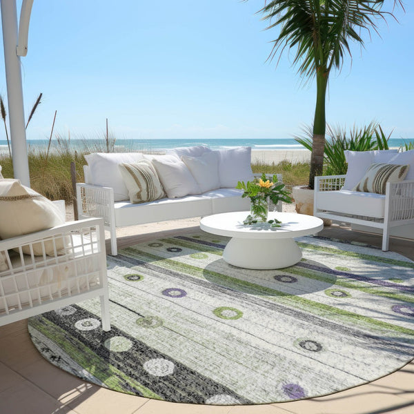 HomeRoots 5' Artichoke Green, Purple & Ivory Striped Area Rug - Durable, Washable, Stylish for Indoor & Outdoor Use 8' Round 627535