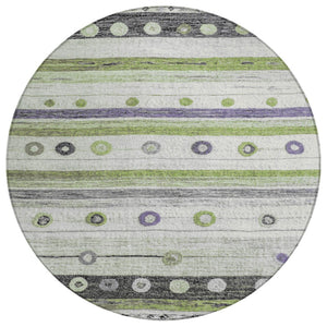 HomeRoots 5' Artichoke Green, Purple & Ivory Striped Area Rug - Durable, Washable, Stylish for Indoor & Outdoor Use 8' Round 627535