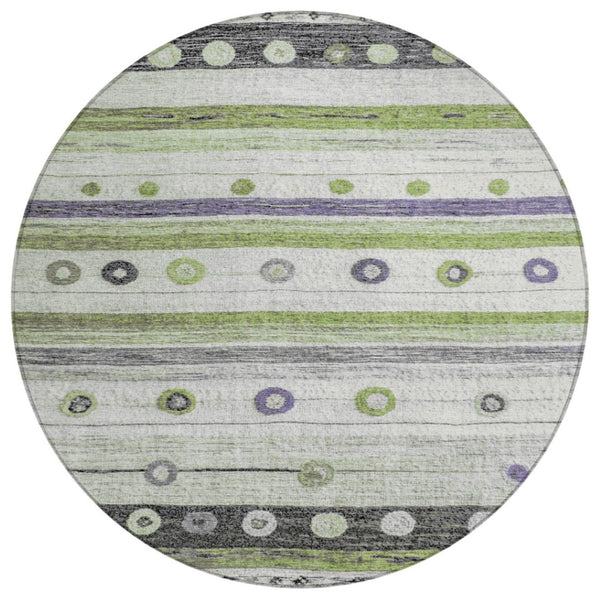 HomeRoots 5' Artichoke Green, Purple & Ivory Striped Area Rug - Durable, Washable, Stylish for Indoor & Outdoor Use 8' Round 627535