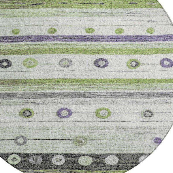 HomeRoots 5' Artichoke Green, Purple & Ivory Striped Area Rug - Durable, Washable, Stylish for Indoor & Outdoor Use 8' Round 627535