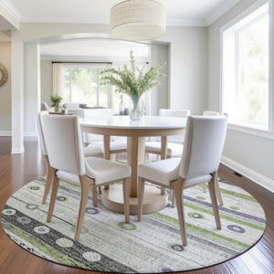 HomeRoots 5' Artichoke Green, Purple & Ivory Striped Area Rug - Durable, Washable, Stylish for Indoor & Outdoor Use 8' Round 627535