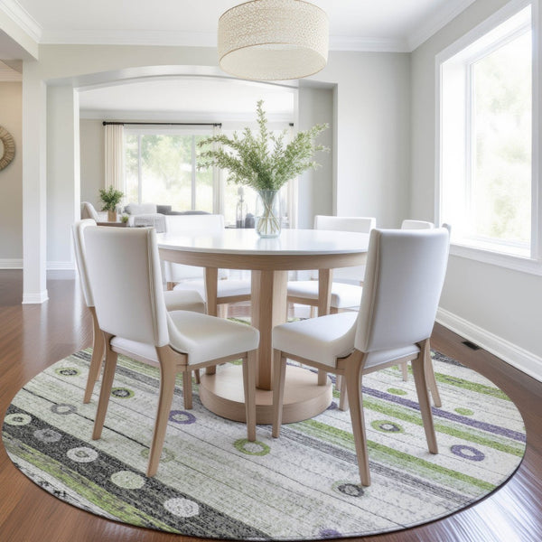 HomeRoots 5' Artichoke Green, Purple & Ivory Striped Area Rug - Durable, Washable, Stylish for Indoor & Outdoor Use 8' Round 627535