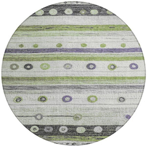 HomeRoots 5' Artichoke Green, Purple & Ivory Striped Area Rug - Durable, Washable, Stylish for Indoor & Outdoor Use 8' Round 627535
