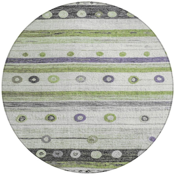 HomeRoots 5' Artichoke Green, Purple & Ivory Striped Area Rug - Durable, Washable, Stylish for Indoor & Outdoor Use 8' Round 627535