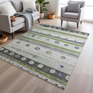 HomeRoots 5' Artichoke Green, Purple & Ivory Striped Area Rug - Durable, Washable, Stylish for Indoor & Outdoor Use 8' X 10' 627536