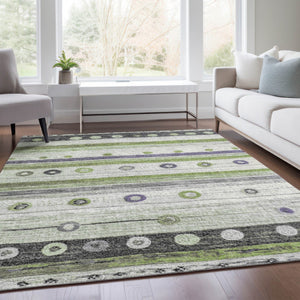 HomeRoots 5' Artichoke Green, Purple & Ivory Striped Area Rug - Durable, Washable, Stylish for Indoor & Outdoor Use 9' X 12' 627537