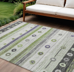 HomeRoots 5' Artichoke Green, Purple & Ivory Striped Area Rug - Durable, Washable, Stylish for Indoor & Outdoor Use 10' X 14' 627538