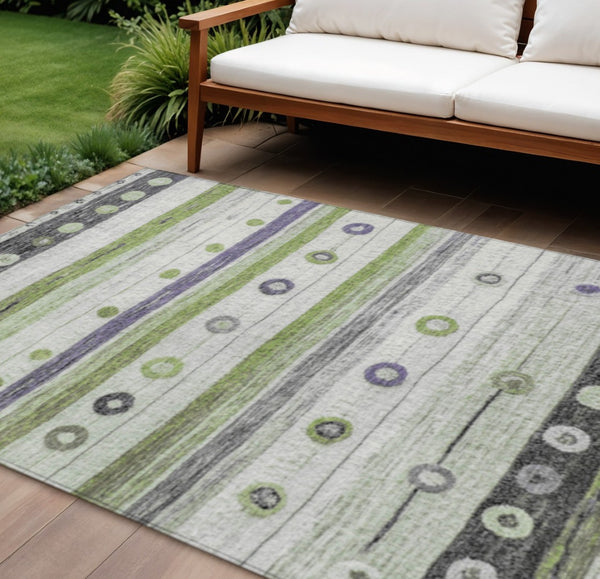 HomeRoots 5' Artichoke Green, Purple & Ivory Striped Area Rug - Durable, Washable, Stylish for Indoor & Outdoor Use 10' X 14' 627538