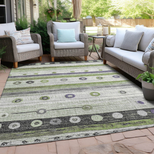 HomeRoots 5' Artichoke Green, Purple & Ivory Striped Area Rug - Durable, Washable, Stylish for Indoor & Outdoor Use 10' X 14' 627538