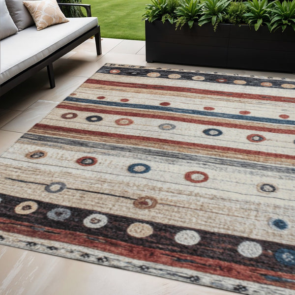 HomeRoots 5' Stylish Striped Beige, Rust, and Navy Blue Area Rug for Indoor and Outdoor Durability and Charm 5' X 8' 627540