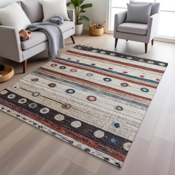 HomeRoots 5' Stylish Striped Beige, Rust, and Navy Blue Area Rug for Indoor and Outdoor Durability and Charm 5' X 8' 627540