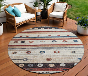 HomeRoots 5' Stylish Striped Beige, Rust, and Navy Blue Area Rug for Indoor and Outdoor Durability and Charm 8' Round 627541