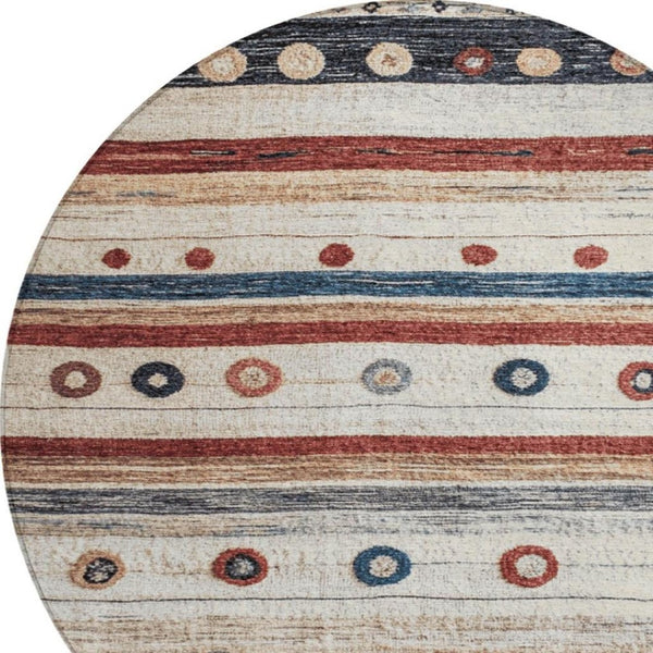 HomeRoots 5' Stylish Striped Beige, Rust, and Navy Blue Area Rug for Indoor and Outdoor Durability and Charm 8' Round 627541