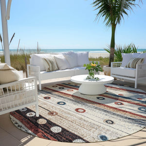 HomeRoots 5' Stylish Striped Beige, Rust, and Navy Blue Area Rug for Indoor and Outdoor Durability and Charm 8' Round 627541