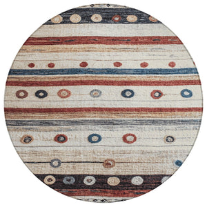 HomeRoots 5' Stylish Striped Beige, Rust, and Navy Blue Area Rug for Indoor and Outdoor Durability and Charm 8' Round 627541
