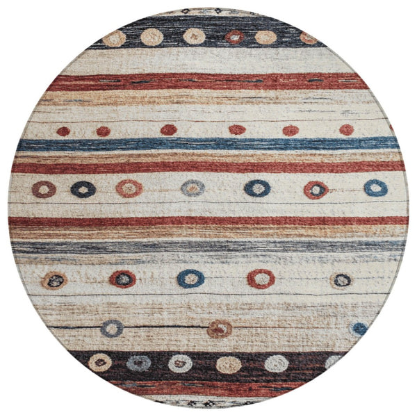 HomeRoots 5' Stylish Striped Beige, Rust, and Navy Blue Area Rug for Indoor and Outdoor Durability and Charm 8' Round 627541