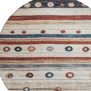 HomeRoots 5' Stylish Striped Beige, Rust, and Navy Blue Area Rug for Indoor and Outdoor Durability and Charm 8' Round 627541